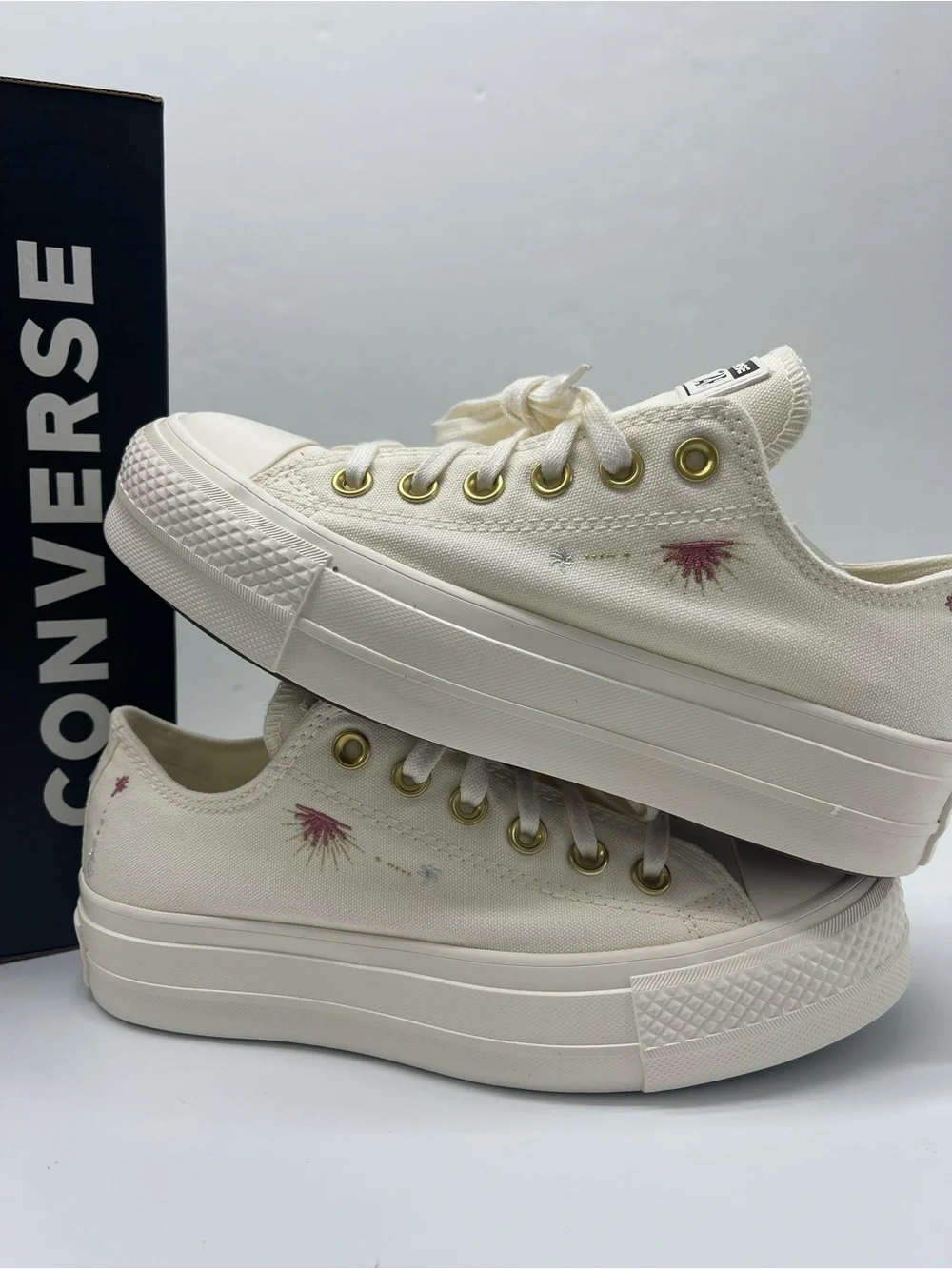 Converse STAC LIFT OX Platform Low Top Sneakers in Cream with Embroidered EGRET